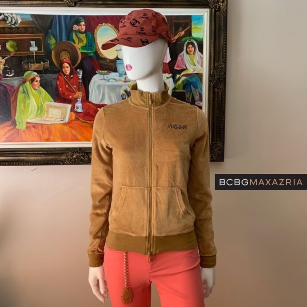 BCBGMAXAZARIA NWT Women's Caramel Velour Long Sleeves Zip Closure Jacket